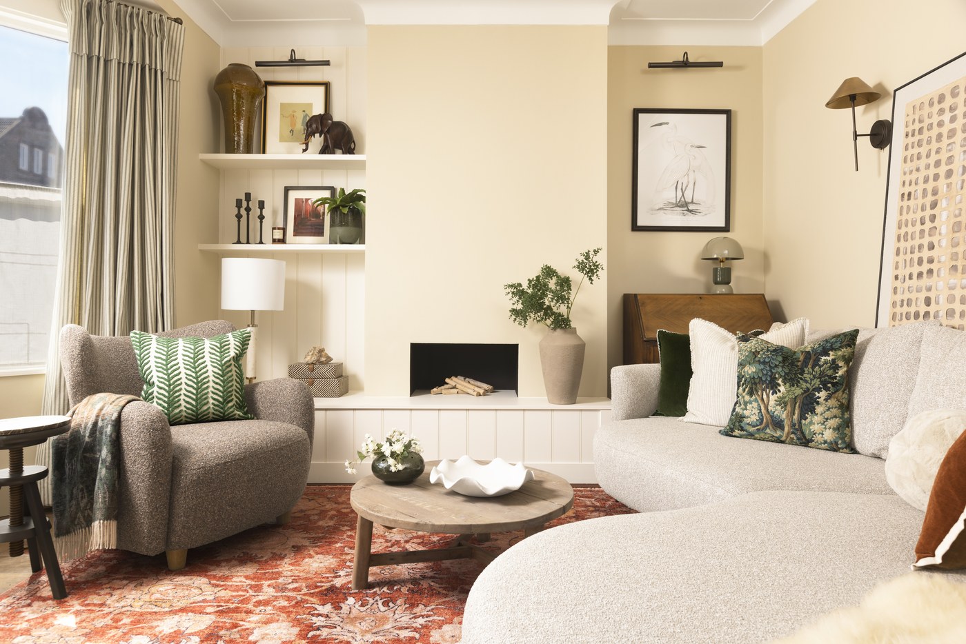 Living room at Garratt Lane with fitted alcove joinery either side of the fireplace