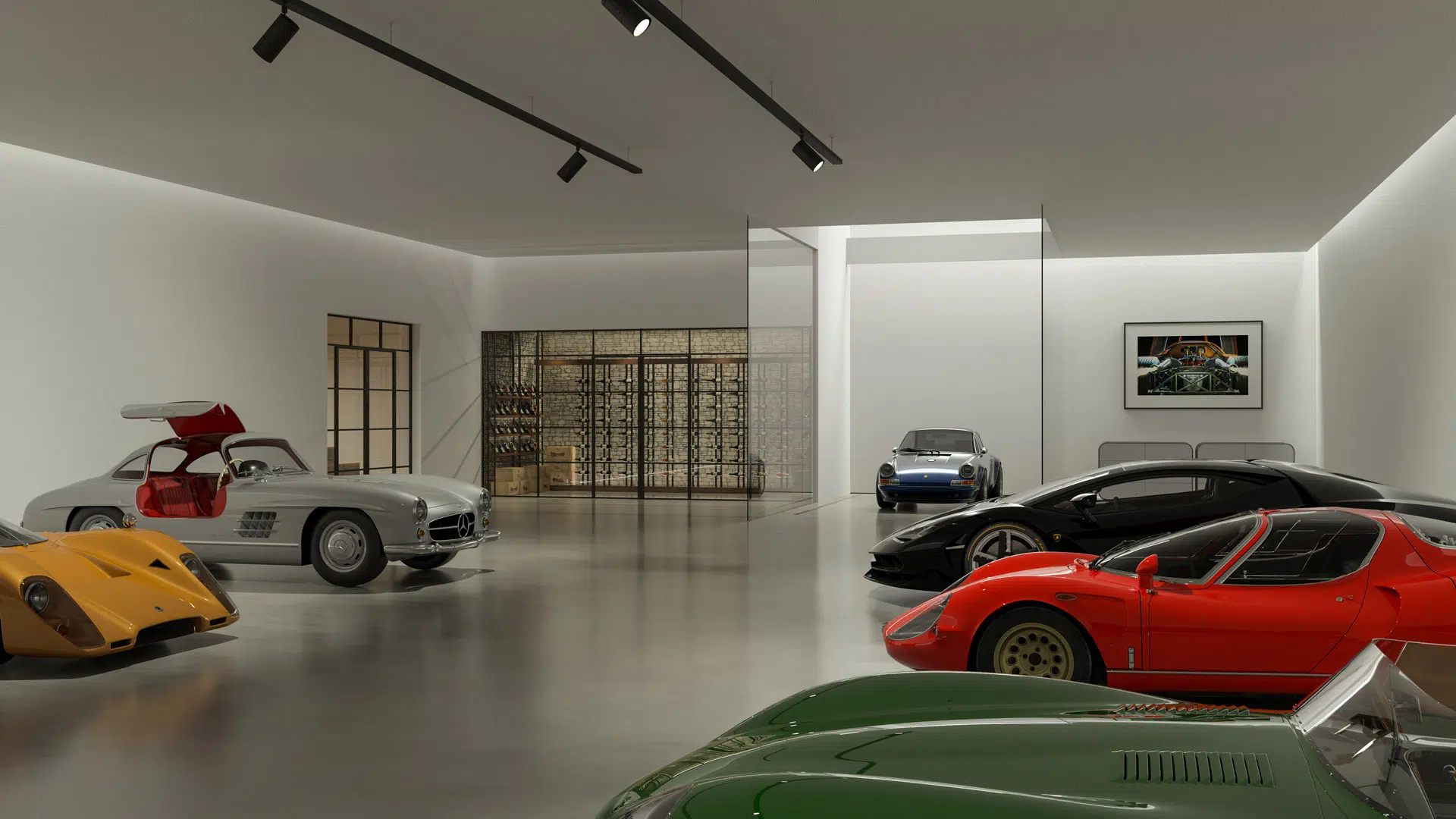 Luxury car garage with classic and supercar collection