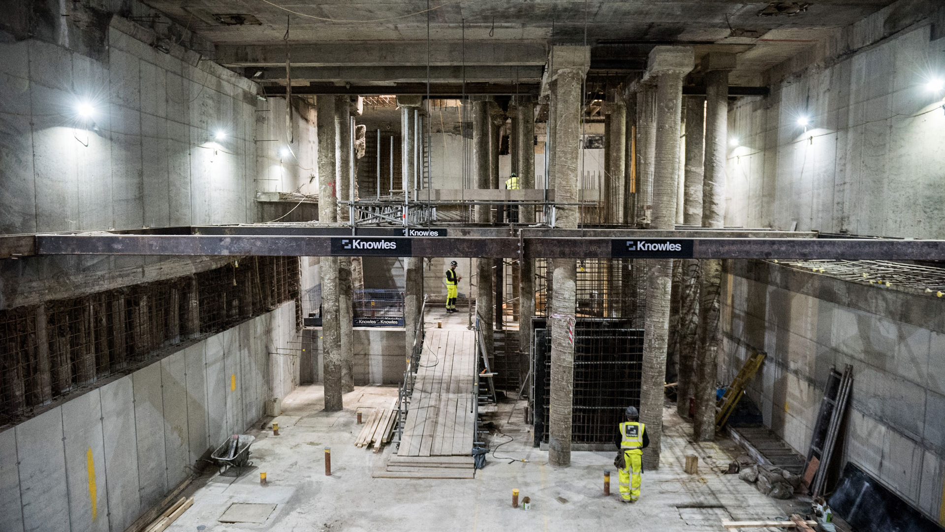Large basement excavation with structural propping and concrete retaining walls